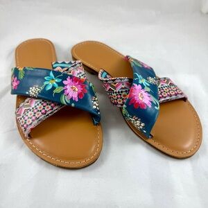 Johnny Was All Leather Blue Floral Cross-Strap Slide Summer Sandals Size 10